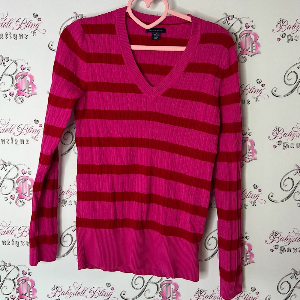 Tommy Hilfiger striped long sleeve candy 🍭 color Pink Red V-Neck Sweater